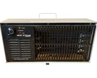 151 - Arvin Air Heat Stream Heater 10"x18"x5" (Description): Arvin Air Heat Stream fan forced instant heat portable heater. Features a rotary thermostat control dial, power indicator light, and temperature indicator light on the front panel. The unit has a black front face with ventilation grille and a beige/tan metal housing with a carrying handle on top. Measures 10" x 18" x 5". Used as is electric/electronic/mechanical item. No guarantee all components, untested.
