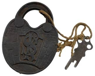625 - SK Padlock w/Key 3.25"x2.5" (Description): Vintage SK padlock with key. The lock features decorative embossed detailing and the SK monogram on the face. Measures 3 1/4" x 2.5".