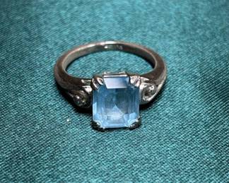 Lot #45 Vintage .925 Sterling Silver Blue Topaz Emerald Cut Solitaire Ring Scroll Shank