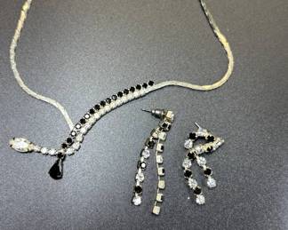 Lot #50 Vintage Black White Rhinestone Jewelry Set Necklace Bracelet Earrings 1960s