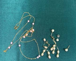 Lot #48 Freshwater Pearl Drop Earrings Set & Pink Rose Quartz Gold Chain Necklace Lot