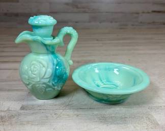 Lot #72 Avon Aqua Slag Milk Glass Rose Pitcher Decanter & Bowl Set 1970s Collectible