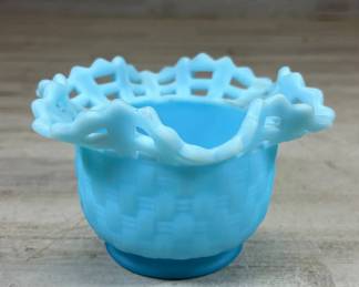 Lot #71 Fenton Blue Milk Glass Basket Weave Open Lace Edge Ruffled Bowl 1950s-60s