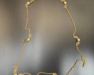 Lot #46 Vintage Gold Tone Filigree Faux Pearl Station Long Chain Necklace 1970s-80s