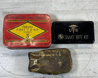Lot #136 Antique First Aid Tin Lot WWI Army Bauer Black 1915 Presto MSA Snake Bite Kit