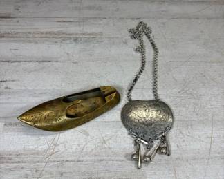 Lot #139 Antique Brass Shoe Ashtray Engraved + Silver Tone Heart Pendant Necklace Bells