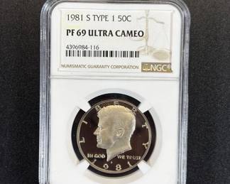 Lot #34 1981-S Kennedy Half Dollar Type 1 Proof NGC PF69 Ultra Cameo 50C Coin