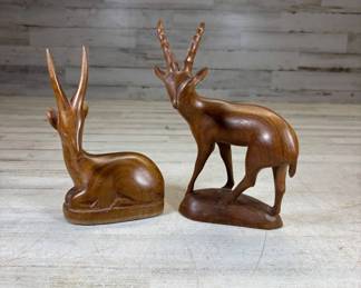 Lot #124 Pair Hand Carved Wood African Antelope Gazelle Figurines Folk Art Sculptures