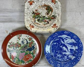 Lot #74 Lot 3 Asian Porcelain Plates Blue White Transferware Chinoiserie Peacock Wall