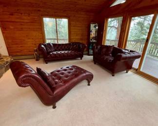 Lot #87 3-Pc Burgundy Leather Chesterfield Sofa Loveseat Chaise Lounge Set Tufted