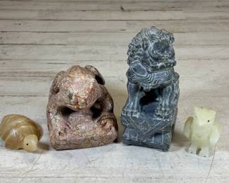 Lot #122 Carved Stone Figurines Lot 4pc Foo Dog Soapstone Jade Owl Turtle Toad