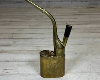 Lot #131 Antique Chinese Brass Water Opium Pipe Hookah Engraved Shou Lao Deer Crane c1900