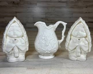 Lot #75 White Ceramic Gnome Elf Figurine Candle Holders Pair + Grape Relief Pitcher