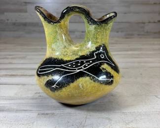 Lot #115 Native American Style Ceramic Wedding Vase Roadrunner Yellow Green Glaze SW
