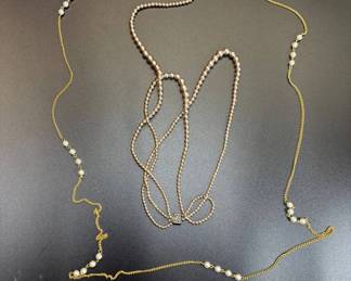 Lot #52 Vintage Faux Pearl Necklace Lot 2pc Long Beaded Rhinestone Clasp Gold Chain