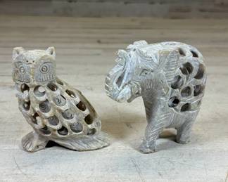 Lot #121 Indian Soapstone Jali Carved Elephant Owl Figurines Reticulated Set 2 Agra