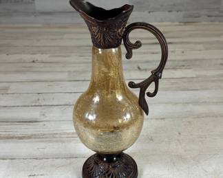 Lot #79 Decorative Amber Crackle Glass Pitcher Vase Bronze Metal Handle Scrollwork 18in