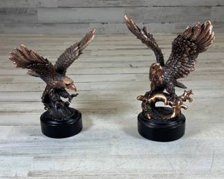 Lot #82 Pair Bronze-Finish Bald Eagle Figurines Resin Sculptures Black Round Bases