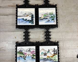 Lot #70 Vintage Japanese Hand Painted Ceramic Tile Trivet Set 4 Cast Iron Pagoda Frame