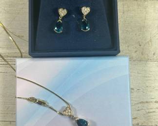 Lot #155 14K Gold Blue Topaz Pear Drop CZ Heart Necklace Earrings Set Box Chain