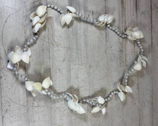 Lot #143 Vintage Natural Cockle Seashell & Gray Glass Bead Long Strand Necklace 1950s