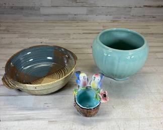 Lot #129 Vintage Ceramic Lot Stoneware Bowl Celadon Planter Bluebird Porcelain Figurine