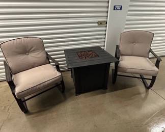 Lot #6 Patio 3-Pc Set 2 Metal Spring Rocker Chairs Tan Cushions + Propane Fire Pit