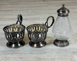 Lot #154 Vintage Sterling Silver Reticulated Salt Cellars & Cut Glass Sugar Shaker