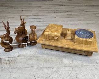 Lot #128 Hand Carved Wood African Animal Napkin Rings Set 3 + Bamboo Desktop Organizer