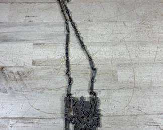 Lot #140 Vintage Aztec Mayan Warrior Deity Pendant Necklace Oxidized Silver Tone Metal