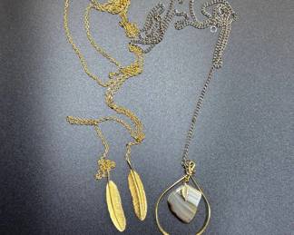 Lot #57 Boho Gold Tone Feather Pendant Necklace Agate Stone Hoop Lot 3pc Western