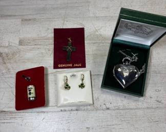 Lot #151 Jewelry Lot Jade Cross Pendant Irish Shamrock Earrings Heart Locket Coors Charm