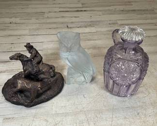 Lot #127 Western Cowboy Horse Figurine Frosted Owl Statue Amethyst Glass Decanter Lot