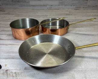 Lot #116 Vintage French Copper Cookware Set 3pc Tin Lined Brass Handle Saucepan Skillet