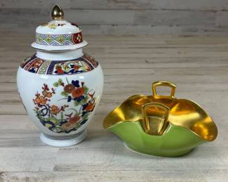 Lot #73 Japanese Imari Porcelain Lidded Ginger Jar & Lime Green Gold Ceramic Dish