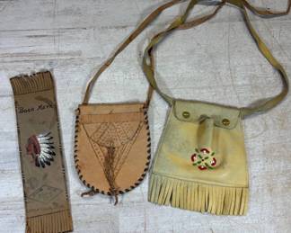 Lot #126 Vintage Native American Style Leather Pouches Beaded Bag & Pap's Little Falls MN Bookmark