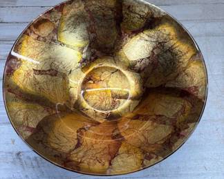 Lot #84 Large Art Glass Bowl Gold Amber Burgundy Marbled Leaf Foil Centerpiece 14in