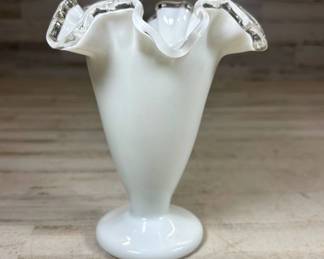 Lot #69 Fenton Silver Crest Milk Glass Ruffled Vase White Clear Edge 1950s Pedestal