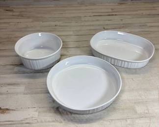 Lot #60 CorningWare French White Stoneware Bakeware Set 3pc Oval Round Casserole Dish