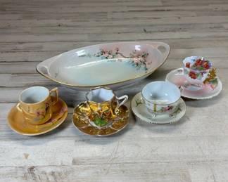 Lot #58 Antique Porcelain Tea Cup Saucer Lot Hand Painted Floral Gold Luster Japan 9pc