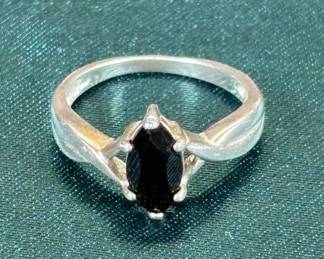 Lot #43 Avon 925 Sterling Silver Marquise Black Onyx Solitaire Ring Vintage 1970s-80s