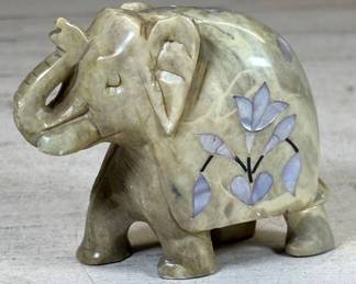 Lot #120 Indian Hand Carved Soapstone Elephant Figurine Mother of Pearl Inlay Trunk Up