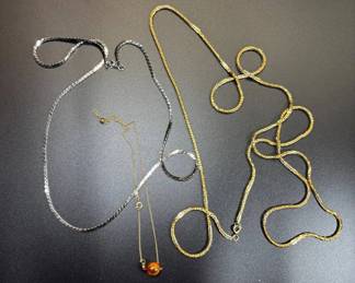 Lot #55 Vintage Gold Silver Tone Chain Necklace Lot Herringbone Box Amber Bead 4pc