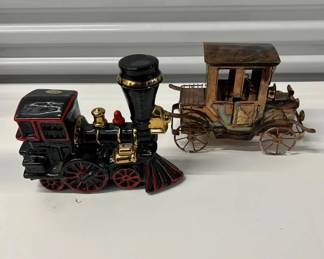Lot #105 Ezra Brooks 12yr Bourbon Heritage China Train Decanter & Copper Stagecoach Lot
