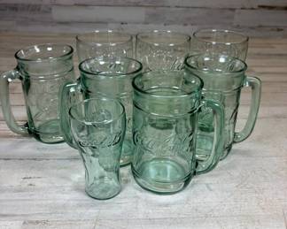 Lot #63 Coca-Cola Green Glass Mug Stein & Tumbler Set 8pc Embossed Logo Collectible