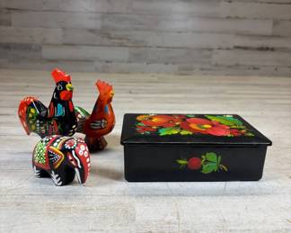 Lot #123 Russian Folk Art Lot Khokhloma Box Swedish Rooster Figurines Painted Egg