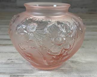 Lot #77 Art Deco Pink Frosted Glass Poppy Relief Vase Lalique Style Satin 1930s