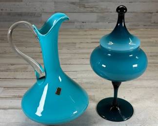 Lot #80 Italian Opalino Art Glass Turquoise Pitcher Ewer & Lidded Candy Jar MCM 1960s