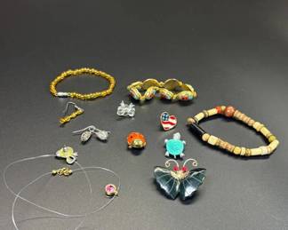 Lot #53 Vintage Costume Jewelry Lot Bracelets Pins Earrings Enamel Cloisonne Novelty