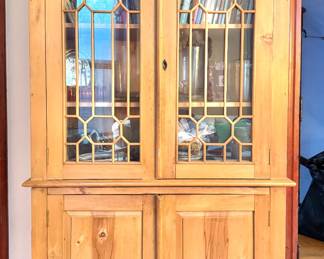 Primitive Pine Step-Back Cupboard with Glass Doors